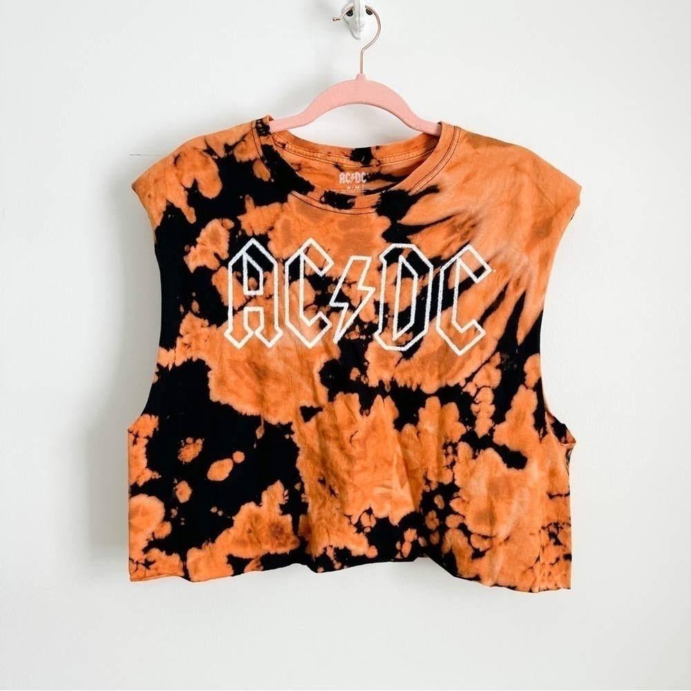 Forever 21 Band AC/DC Black Orange Cutoff Cropped sleeveless Tee shirt Small Med